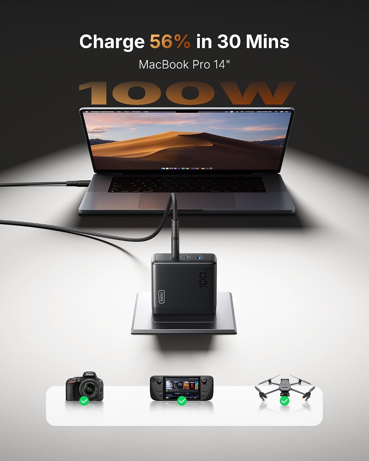 image:imageINIU 100W USB C Laptop Charger GaN Fast Charging Block for with 100W CableBlack
